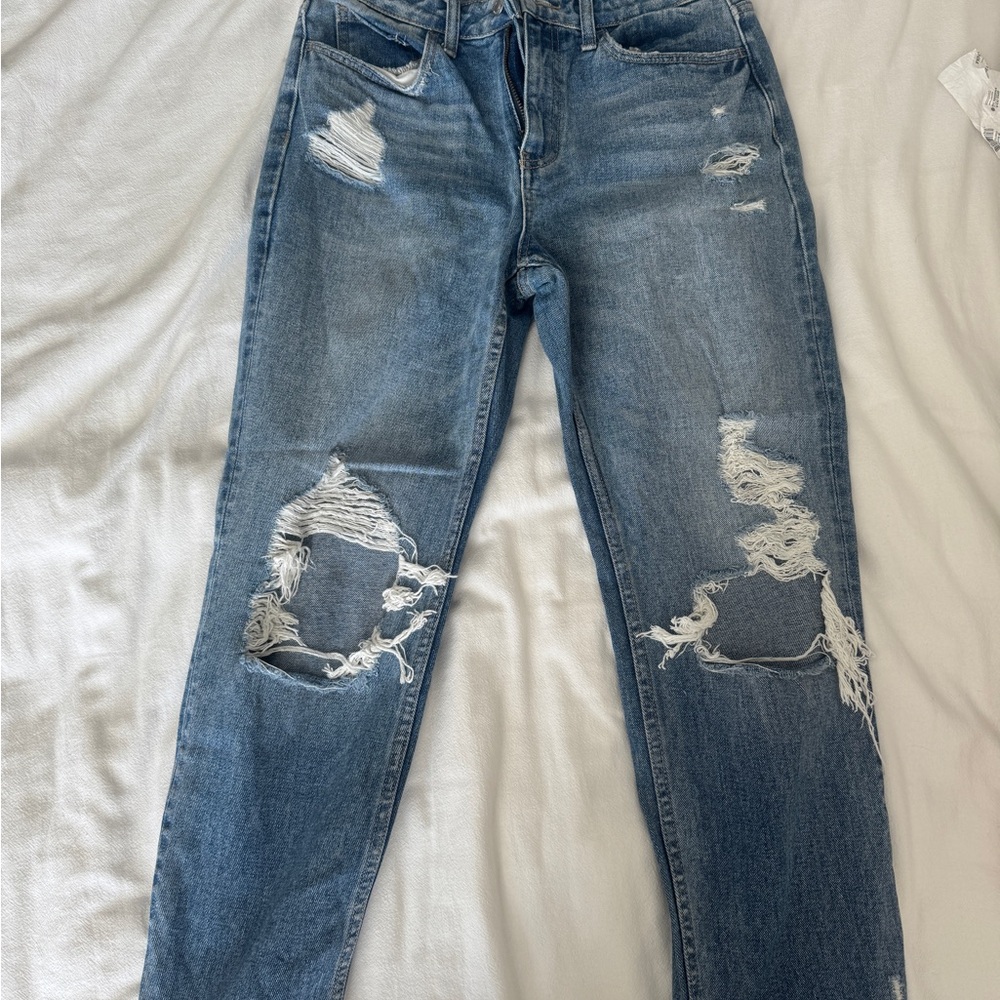 Flying Monkey High Rise Blue Jeans with Distressed Details